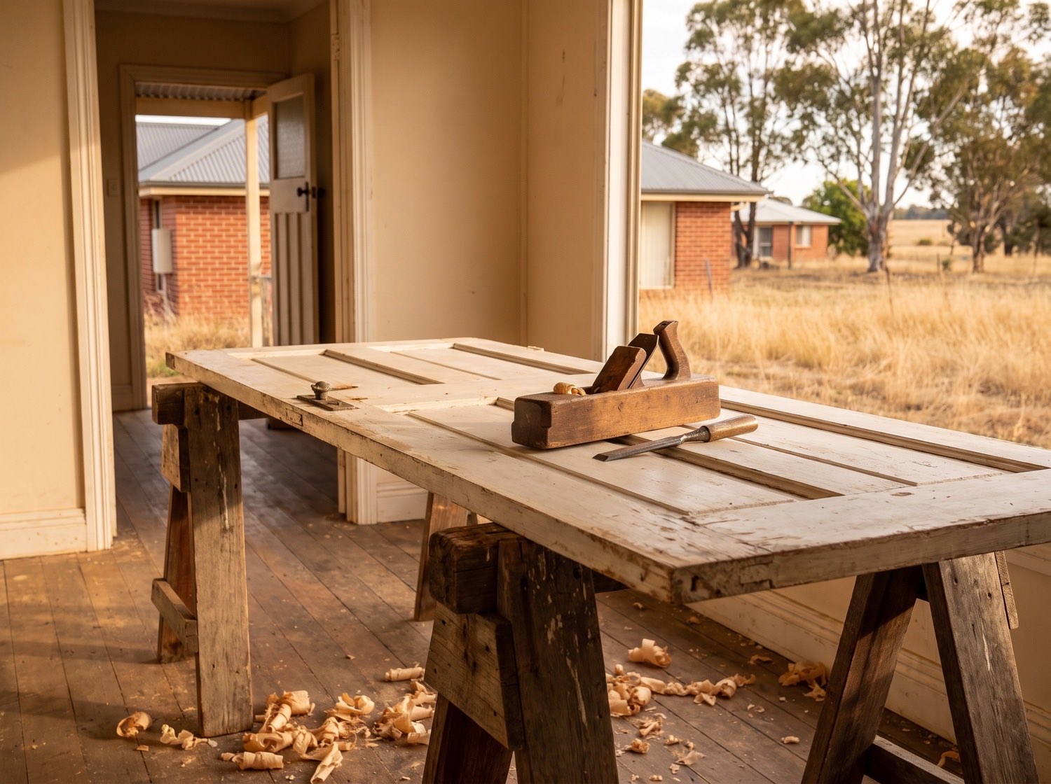 An interior door lying across timber trestles with a hand plane and chisel on it