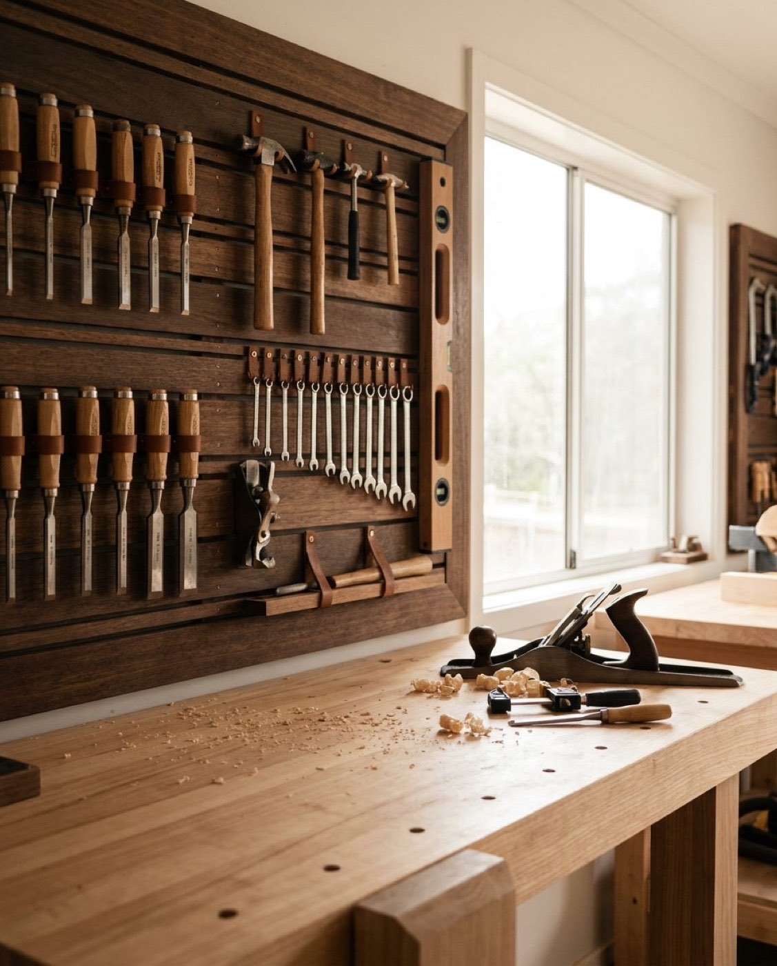 A timber workbench with hand tools hanging on a rack behind it