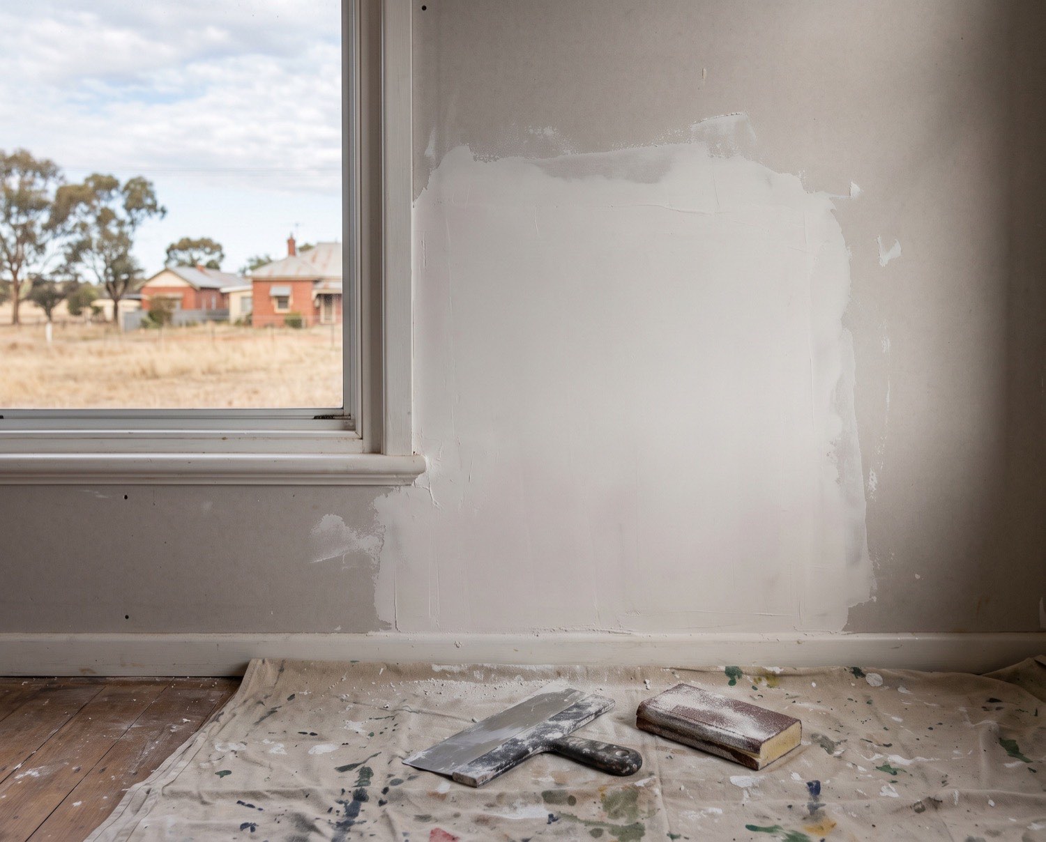 A patched section of plasterboard wall with a filling knife and sanding block on a drop sheet