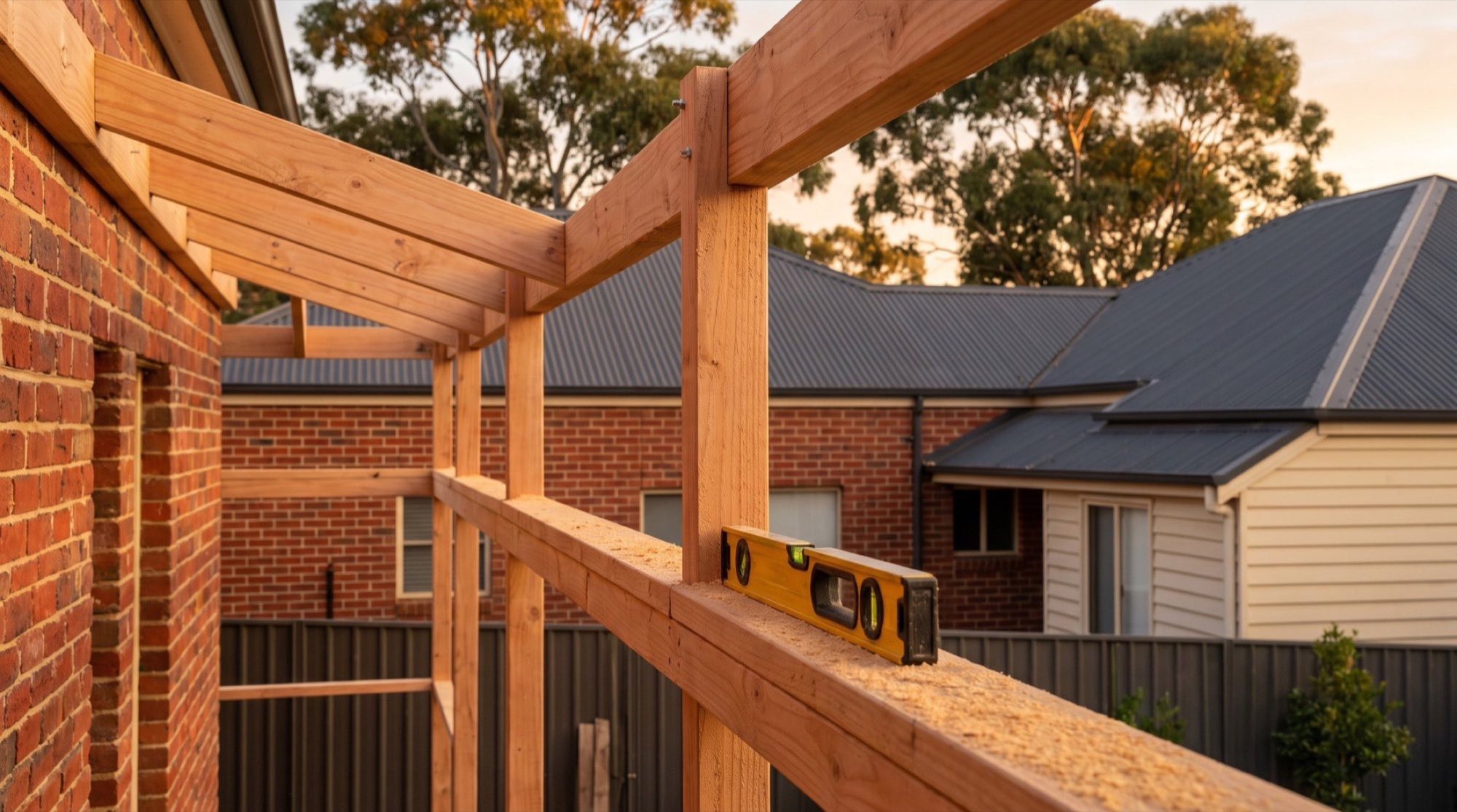 A new timber pergola frame with a spirit level resting on a beam
