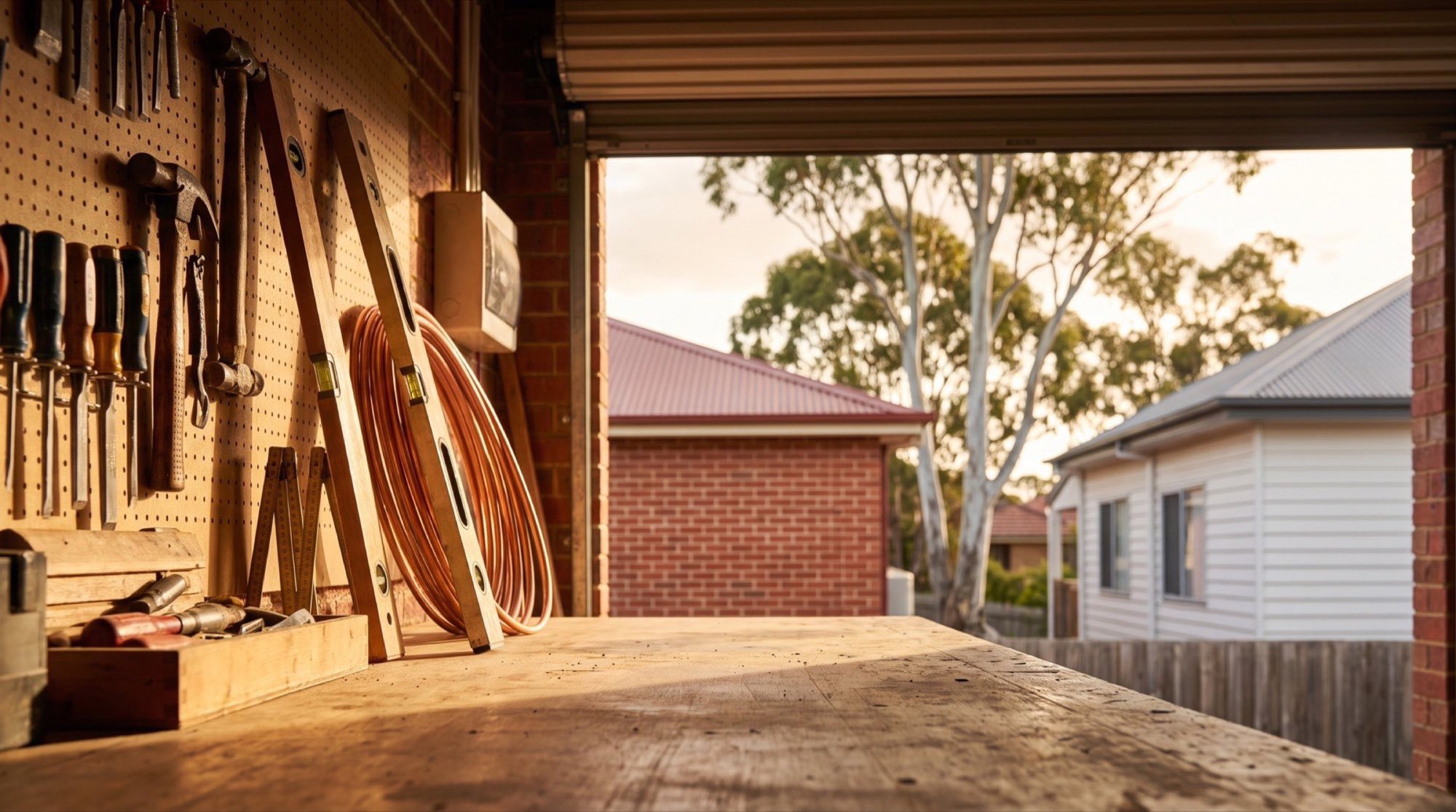 A workbench inside an open garage looking out to a brick house and gum trees