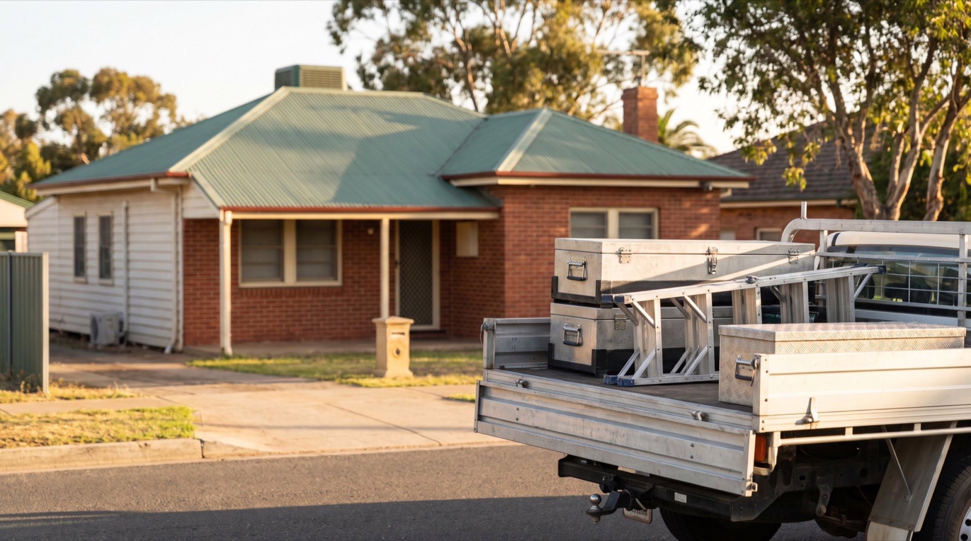 A ute with a tray of toolboxes parked outside a brick and weatherboard house