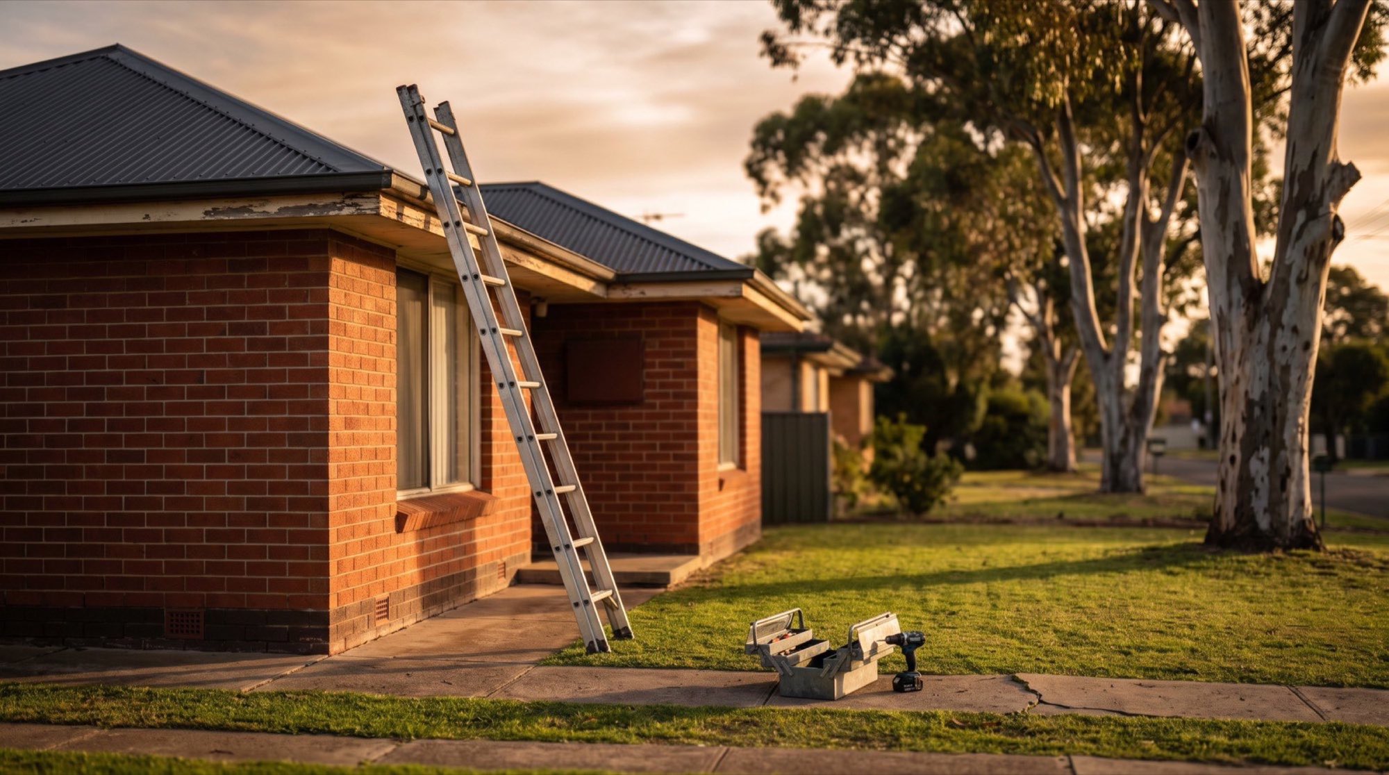A ladder leaning against a brick home at sunset with a toolbox and drill on the path