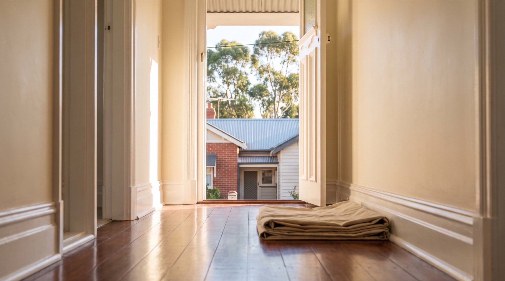 A hallway with polished floorboards and a folded drop sheet, looking out an open front door