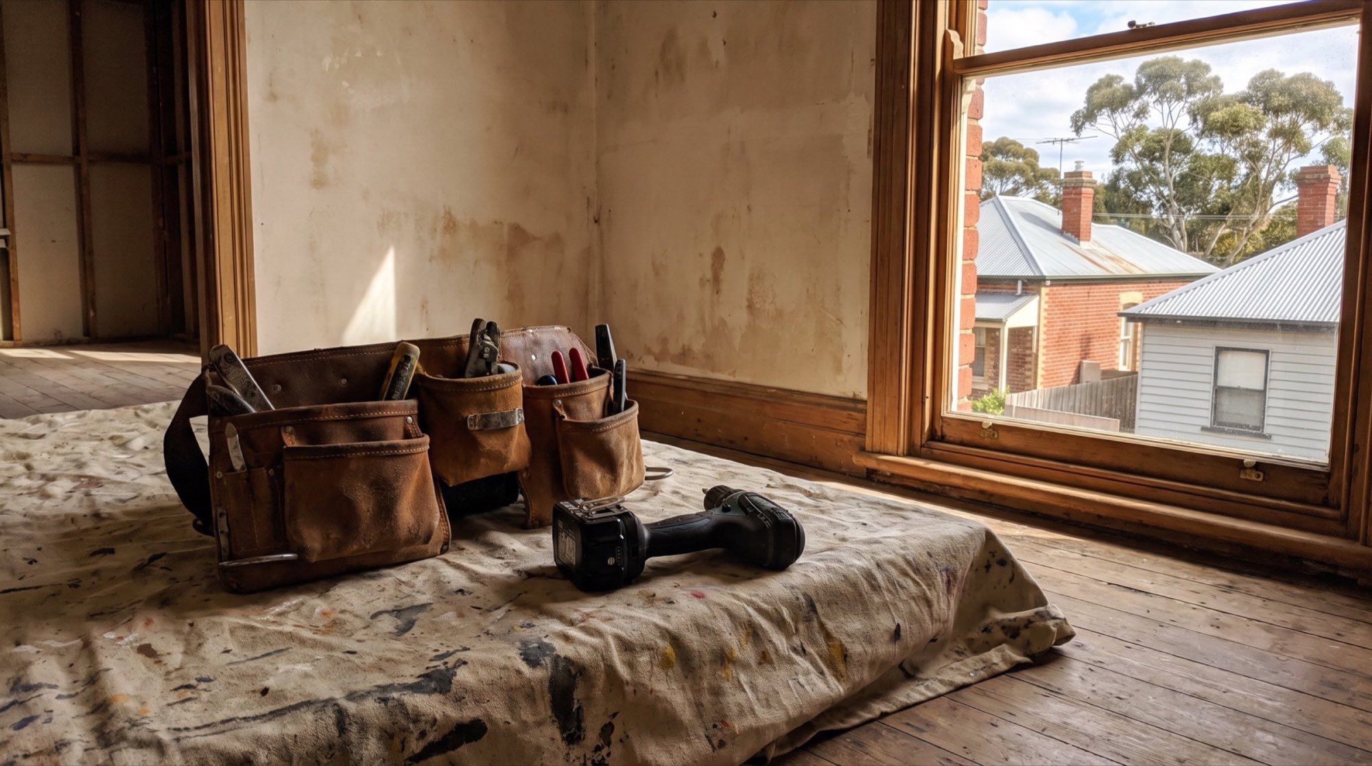 A leather tool belt and a cordless drill sitting on a drop sheet by a timber window