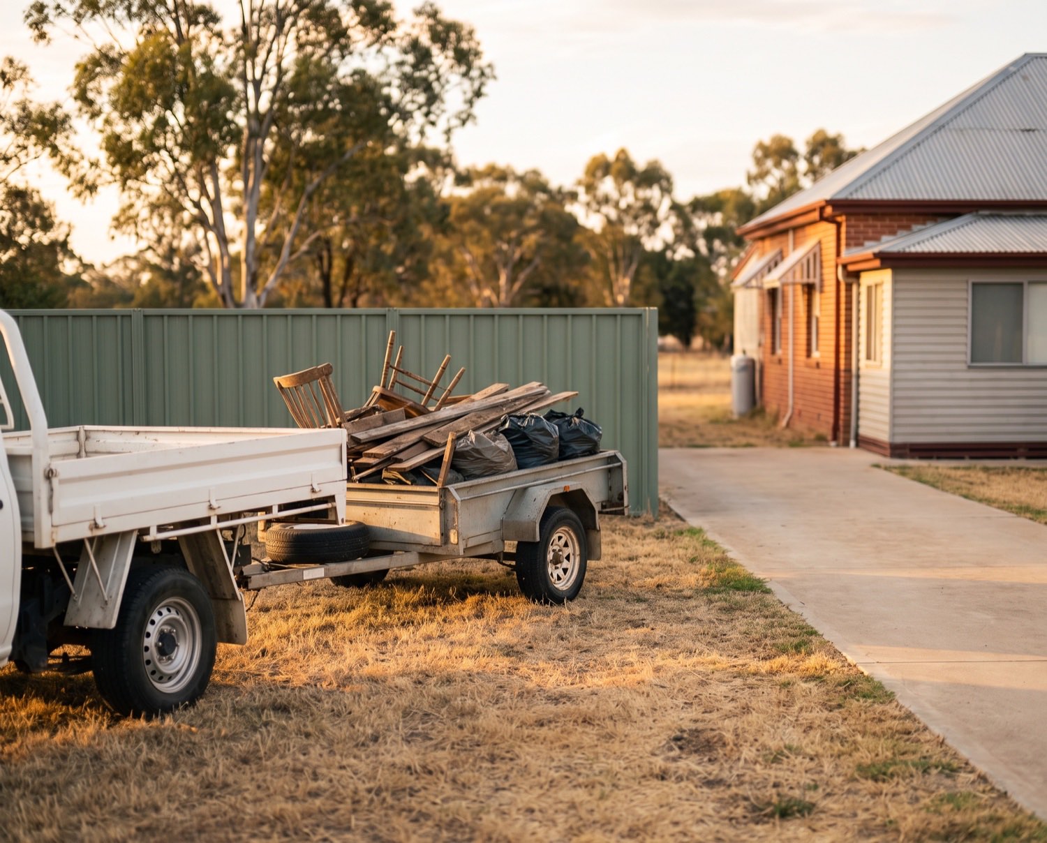 A ute and trailer loaded with old timber, a broken chair and bagged waste on dry grass beside a Colorbond fence