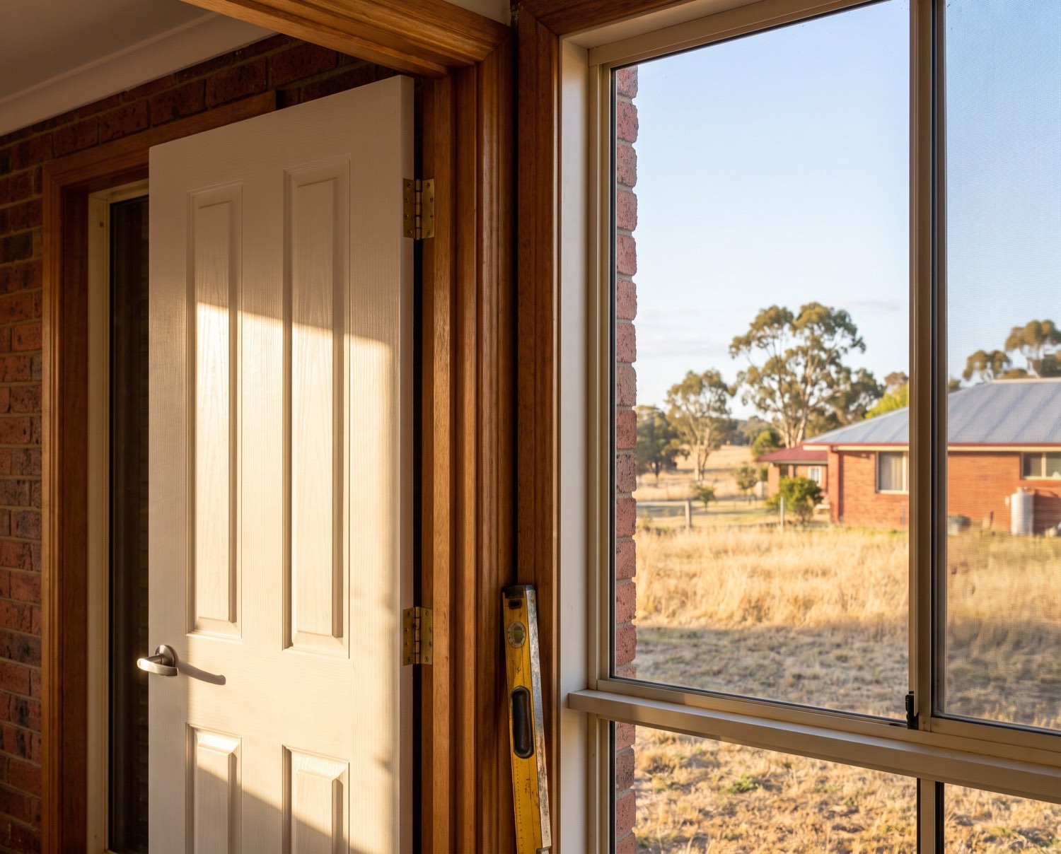 A white interior door hung in its frame with a spirit level held against the jamb
