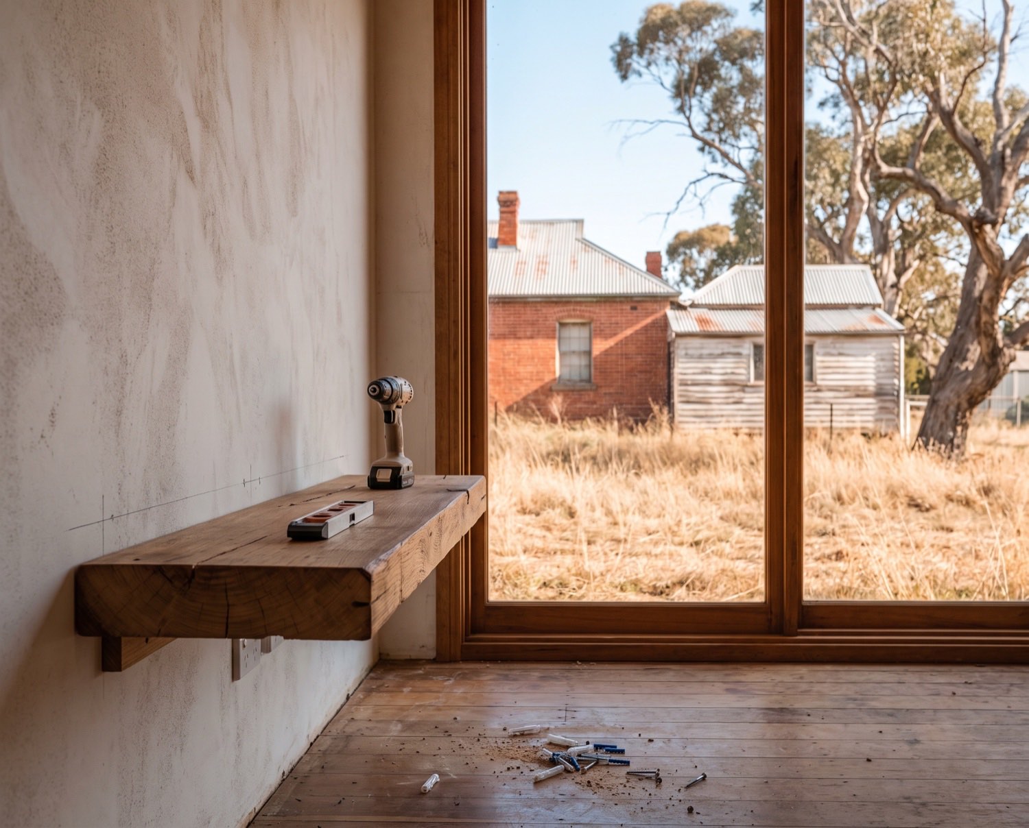 A timber shelf being fixed to an interior wall with a cordless drill and a level resting on it