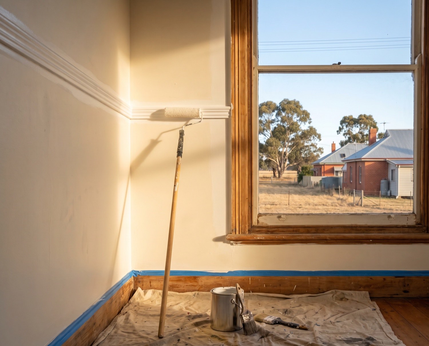 A paint roller on an extension pole against a freshly rolled interior wall with a drop sheet below